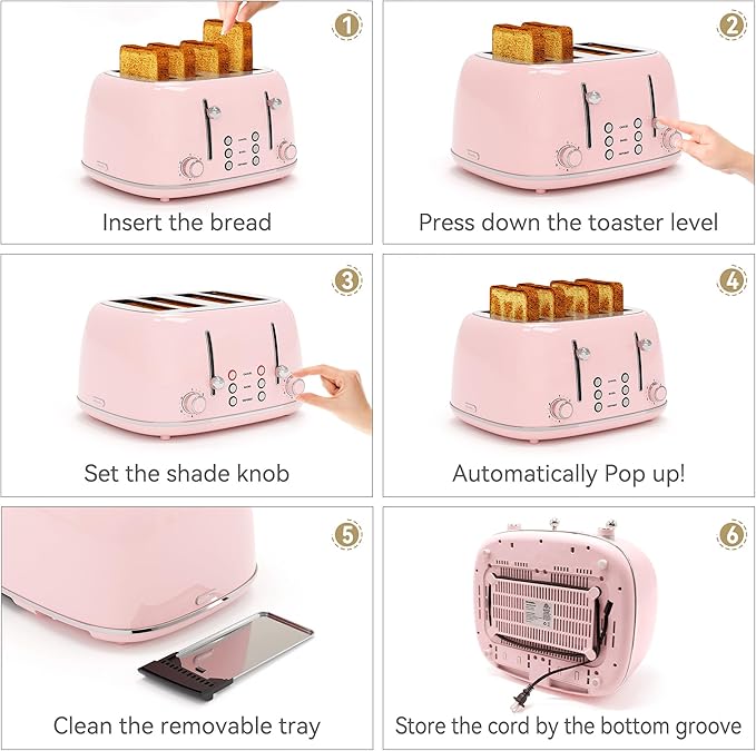 Toaster 4 Slice, Retro Stainless with 6 Bread Shade Settings,1.5''Wide Slots Toaster with Cancel/Defrost/Reheat Functions,Dual Independent Control Panel, Removal Crumb Tray (Pink)