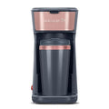 Holstein Housewares Personal Coffee Maker with 14oz Travel Mug – Compact One-Touch Brew Machine with Reusable Filter, Auto Shut-Off, Non-Stick Plate, Ideal for Home, Office, or Dorm. Rose Gold & Grey