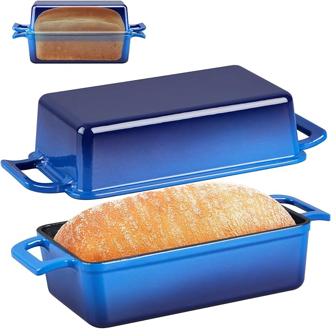 P&P CHEF 2 In 1 Enameled Cast Iron Loaf Pan with Lid, 9 x 5 Inch Bread Loaf Pans for Baking Homemade Sourdough Bread, Meatloaf, Toast, Cake, Nonstick & Healthy & Sturdy, 2 Piece Set - Blue