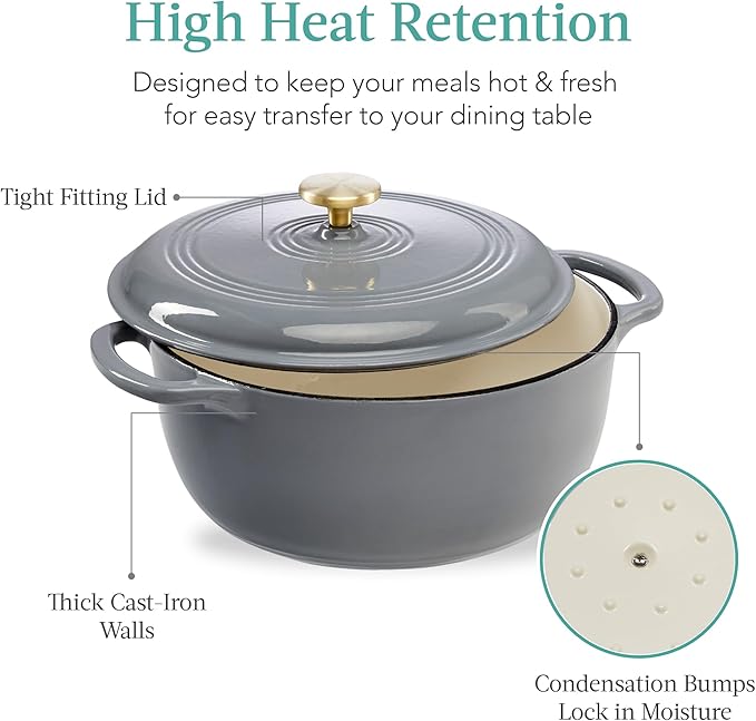 Best Choice Products 6 Quart Enamel Cast-Iron Round Dutch Oven, Family Style Heavy-Duty Pre-Seasoned Cookware for Home, Kitchen, Dining Room, Oven Safe w/Lid, Dual Handles - Graphite Gray