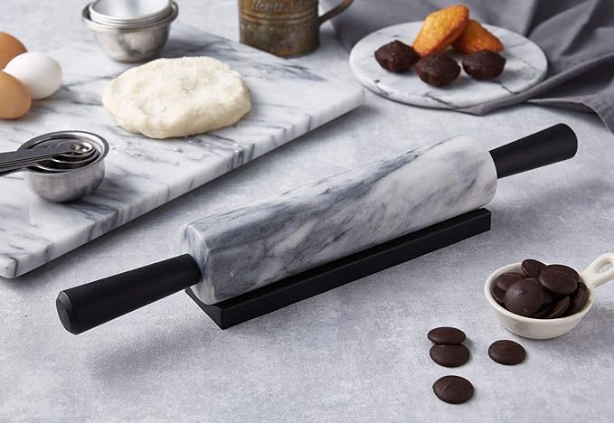 JEmarble Rolling Pin-Plastic Handles(White)(Premium Quality) Polished Surface 18-inch(10"Barrel) Genuine Stone Non-stick Save Effort Easy to Clean