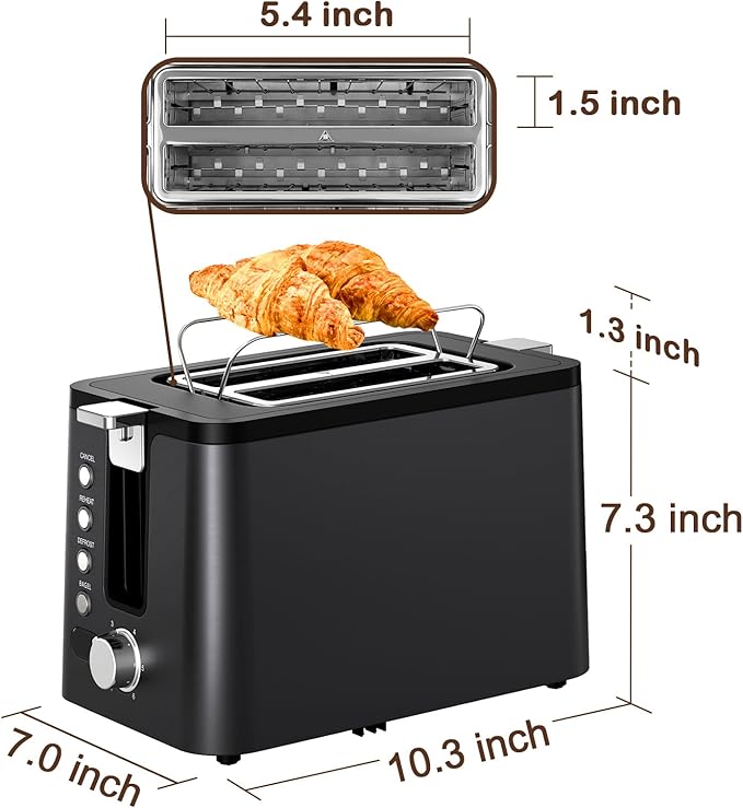Mecity Toaster 2 Slice Stainless Steel Body, Timer, Bagel, Defrost, Reheat, Cancel Functions, Warming Rack, Removable Tray, 6 Browning Settings, Extra Wide Slots, Bread Toaster, 120V 800W Black