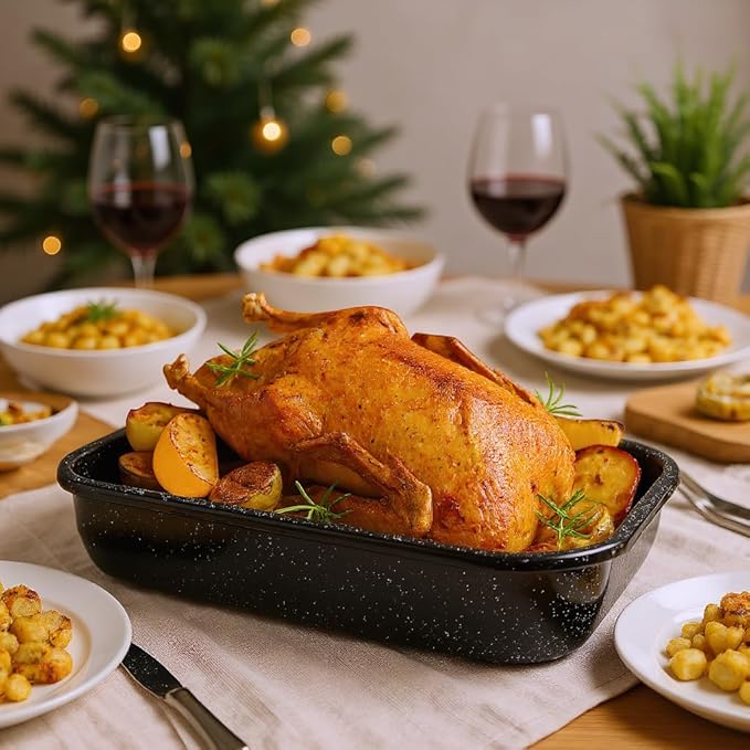 3-Pack Roasting Pans for Ovens Turkey Roaster Pan set Deep Lasagna Baking Pan,17/15/13Inch Spotted Enamel Steel Vessel Used for Cake Dinners Cooking Safe Easy to Clean Bakeware Merry Christmas Gift