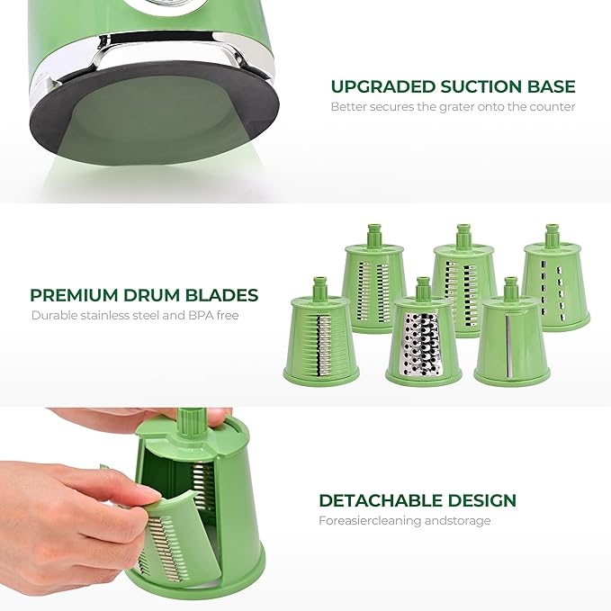 SUSTEAS Rotary Cheese Grater with Handle,Vegetable Slicer with 6 Interchangeable Blades, Reinforced Suction,Easy to Clean,Kitchen Chopper for Crushed Ice,Fruits and Nuts with Blade Storage Case,Green