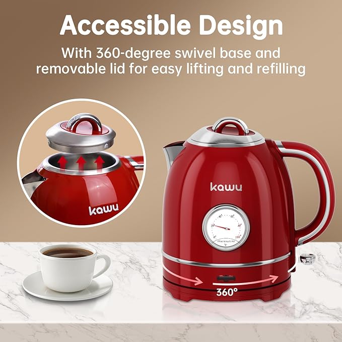 Kawu Retro Electric Kettle, 1.3L Hot Tea Water Boiler with Temperature Gauge, 1355W Fast Boiling Tea Kettle with Stainless Steel Inner & Boil-Dry Protection, Auto Shut Off, 60°C Keep Warm, Food Grade