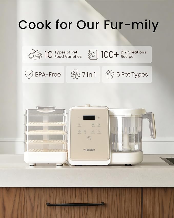 Pet Fresh Food Processor Gift Set with 100+ DIY Recipes – Quick 10 Types of Homemade Fresh Foods for 5 Pet Types, 7-in-1 Cooking Machine with Easy One-Touch Panel, Dog Jerky, Cat Churu Treats