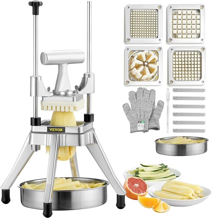 VEVOR Commercial Vegetable Fruit Chopper, Stainless Steel French Fry Cutter w/ 4 Blades 1/4" 3/8" 1/2", Vegetable Chopper Dicer w/Stainless Bowl, Heavy Duty Cutter for Potato Tomato Onion Mushroom