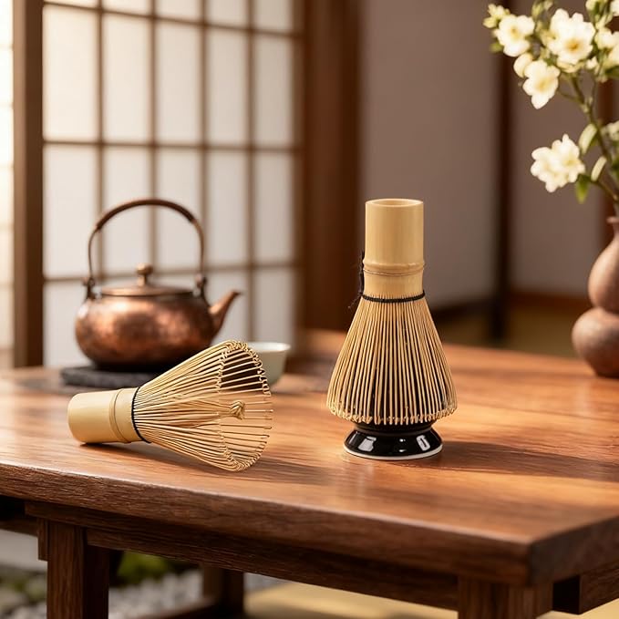 Matcha Whisk Set, Ceramic Bowl with Spout, Matcha Whisk & Holder, Bamboo Scoop & Spoon, Scoop Rest, Sifter, Towel, 8 Pcs Complete Kit for Tea Ceremony, Gift for Friend/Family(Black)