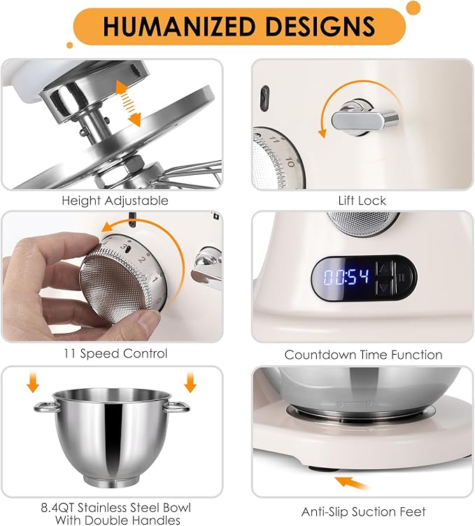 8.4QT Commercial Stand Mixer 800W with NSF Certified and Aluminum Die Casting, Mixers Kitchen Electric Stand Mixer Metal Food Mixer with Stainless Steel 8L Bowl, Dough Hook, Whisk and Beater