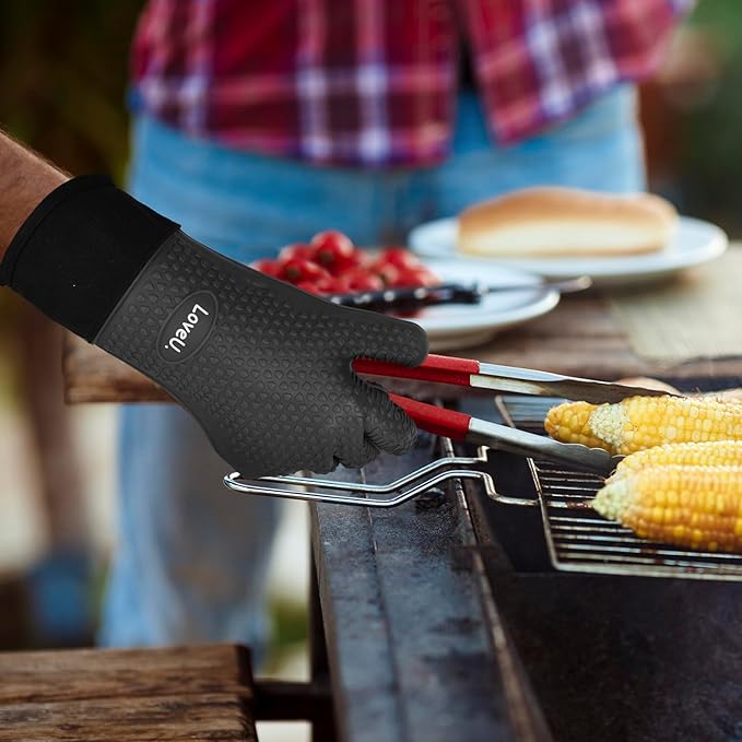 Kitchen Oven Gloves - Dual-Layer Heat Resistant Grilling Gloves, Silicone Oven Mitts with 5 Fingers, Waterproof Non-Slip Pot Holder for Barbecue, Cooking, Baking (XL-XXXL, Black Long)