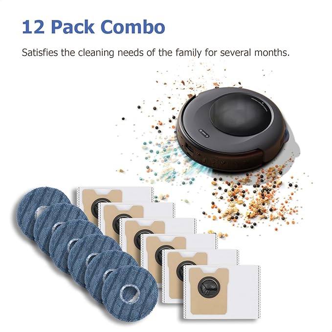 12 Pack Replacement Parts Dust Bags Mop Pads for eufy C20 Omni Robot Vacuum, 6 Dust Bags, 6 Mop Pads