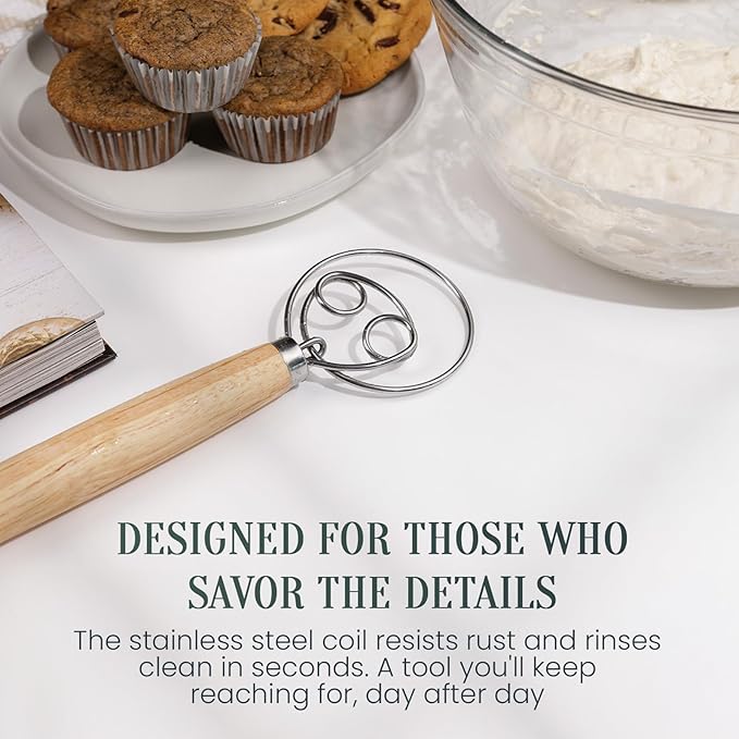 13-Inch Danish Dough Whisk, Wooden Handle with Stainless Steel Double Loop Dough Hook, Dough Whisk for Sourdough, Pizza, Cake Batter