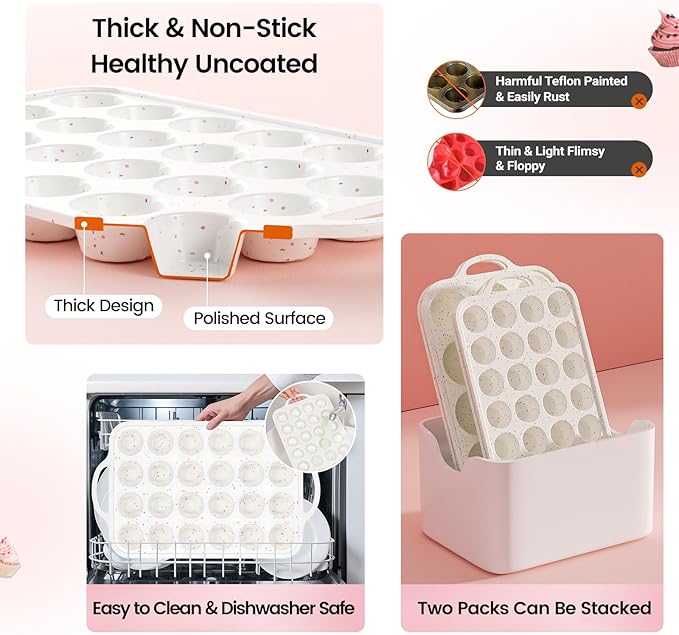 Silicone Muffin Pan with Metal Reinforced Frame - 12 Cups Muffin Pan With 24 Cups for Homemade Muffins, Cupcakes, Oven and Dishwasher Safe - Set of 2, Rainbow Dots