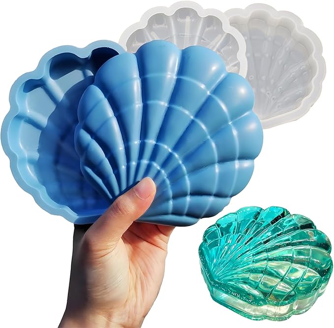 Wehous Seashell Box Resin Molds with Lid, 3D Shell Shape Storage Container Box Silicone Molds for Epoxy Resin Concrete, Marine Jewelry Holder Trinket Organizer Tray Mold DIY Art Casting Craft Decor
