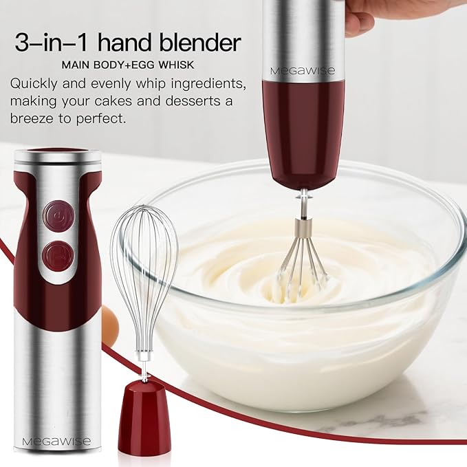 MegaWise 3-in-1 Hand Blender Set with Variable Speed Control, 400W Immersion Blender - Includes Whisk, Milk Frother, Chopper, and Beaker for Smoothies, Soups, and Baby Food (RED)