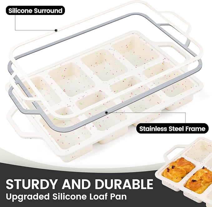 Vinino Silicone Mini Loaf Pans with Metal Reinforced Frame-1 Pack, Non-stick Silicone Bread Pan for Baking 8-Cavity, Tiny Banana Bread Pan Set, Dishwasher Safe Brownie Pan-Cream