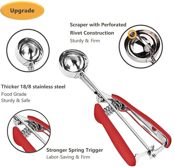 Cookie Scoop, Ice Cream Scoop, 0.8Tbsp/2.5tsp/12.5ml/0.5oz Cookie Scoops for Baking, 18/8 Stainless Steel Cookie Scooper for Baking, Cookie Dough Scoop, Ice Cream Scooper with Trigger Release(Red)