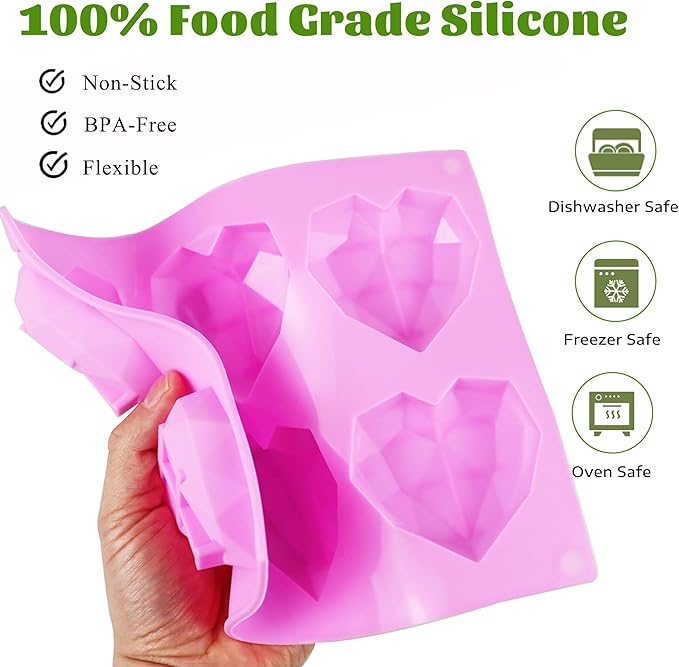Heart Silicone Molds, AITRAI 2 Pack 3D Diamond Heart Chocolate Molds Soap Mold for Soap Making Silicone Cake Molds Mousse Mold, Gift for Birthday Wedding