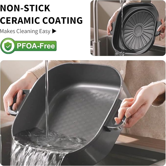 6-Quart Electric Skillet with Grill | Non-Stick PFOA-Free Ceramic-Coated Pot, 1600W, Timer & 3 Power Settings for Steak, Egg, Ramen (Includes Grill Tongs) Pot & Grill