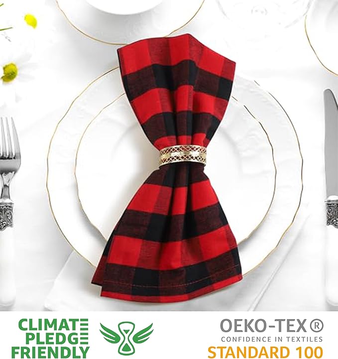 Urban Villa Cotton Dinner Napkins Set of 12, 20x20 Inche Soft Premium Cotton Napkins, Hotel Quality Highly Absorbent, Reusable & Washable Mitered Corner Table DinnerNapkins - (Red/Black, Checks)