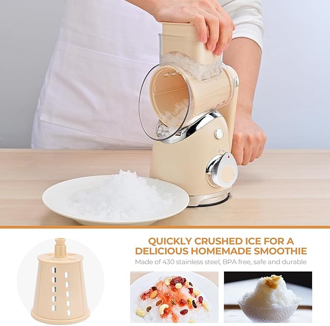 SUSTEAS Rotary Cheese Grater with Handle, Vegetable Slicer, 6 Interchangeable Blades, Reinforced Suction, Easy to Clean, Kitchen Shredder for Crushed Ice, Fruits, Nuts with Blade Storage Case, Beige