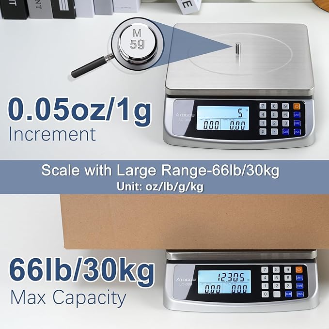 66lb Food Scale, Commercial Kitchen Scale with Price Computing, Plug-in Usable, 0.05oz/1g, 304 Stainless Steel, for Cooking, Vegetables, Farm, Industry, Counting. LC300 Silver