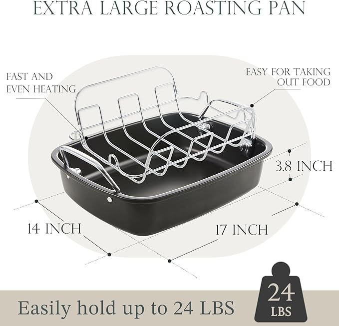 KITESSENSU Nonstick Turkey Roasting Pan with Rack 17 x 14 inch - Large Chicken Roaster Pan for Oven - Wider Handles & Heavy Duty Construction - Suitable for 24lb Turkey, Gray