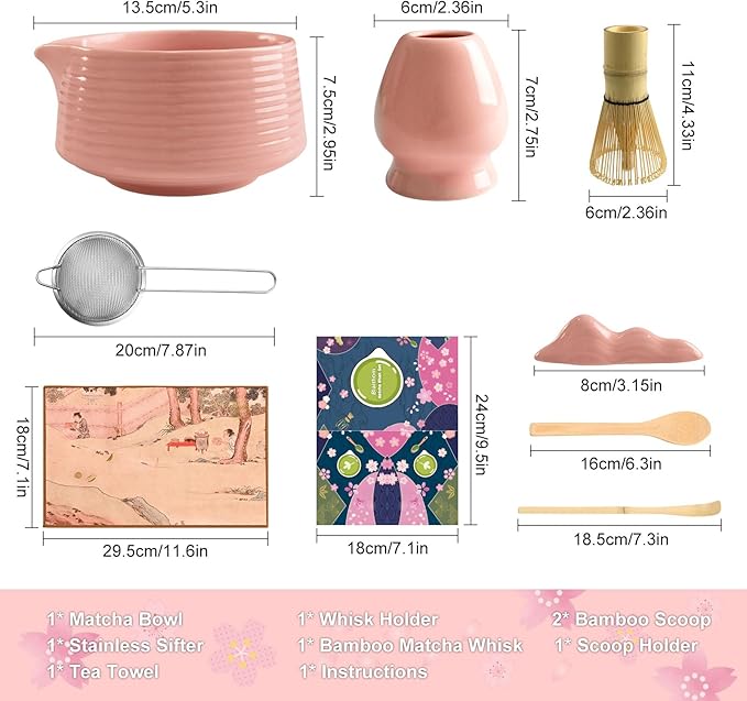 Matcha Whisk Set, 8Pcs Pink Matcha Kit Tea Set with Ceramic Bowl and Whisk Holder, Bamboo Scoop, Sifter, Perfect for Matcha Starter, Cute Matcha Powder Kit, Top Gifts for Women, Friends, Birthday