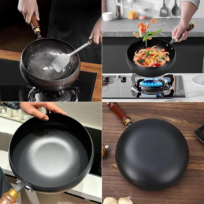 Jinswhdre Cast Iron Skillet, 9.5/11in Jinswhdre Japanese Irons Pan, Hand Forged Uncoated Iron Pan with Lid Spatula, Non-stick Wok for Cooker Gas Stir Fry Pans Durable and Rust-Free (Wooden Lid,10.2in)