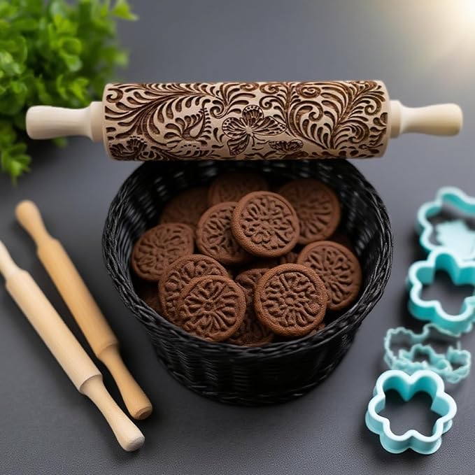 Embossed Rolling Pin 2 Pack, Wooden Non Stick Rolling Pin for Baking with Pattern Designs, French Pastry Dough Roller for Cookies, Pie Crust, Fondant, Kitchen Baking Tools Supplies Set (2 Piece)