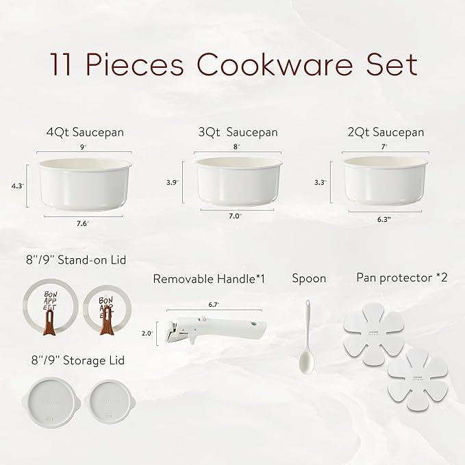 CAROTE Ceramic Sauce Pan Sets with Stand-Up Lid 2QT, 3QT & 4QT, 11 Piece NonStick Kitchen Cookware Sets with Detachable Handle, Non Toxic Cooking Pot, Oven Safe, Induction Ready, Cream White