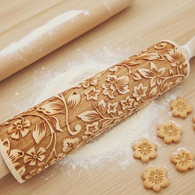 Embossed Rolling Pin 2 Pack, Wooden Non Stick Rolling Pin for Baking with Pattern Designs, French Pastry Dough Roller for Cookies, Pie Crust, Fondant, Kitchen Baking Tools Supplies Set (2 Piece)