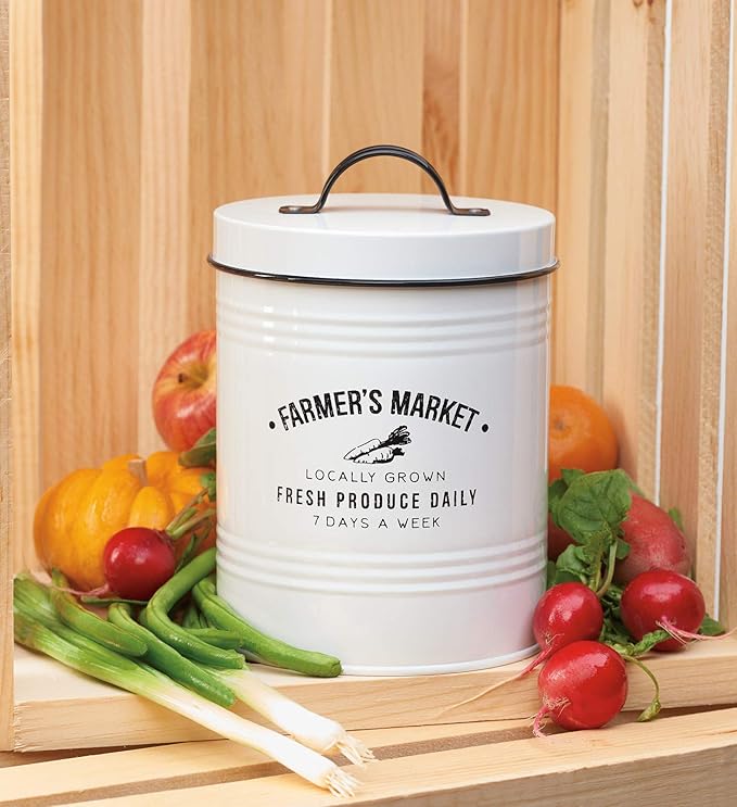 Amici Home Farmers Market Metal Canister | Dry Food Storage Container | Airtight Lid | 76 Ounce Capacity | Farmhouse Décor | Metal Canister for Kitchen Countertop