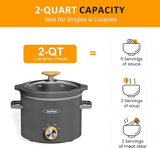 Sunvivi 2 Quart Slow Cooker, Small Slow Cooker with Removable Ceramic Pot, Slow Cookers Food Warmer with 3 Heating Settings & Dishwasher Safe Glass Lid, Grey