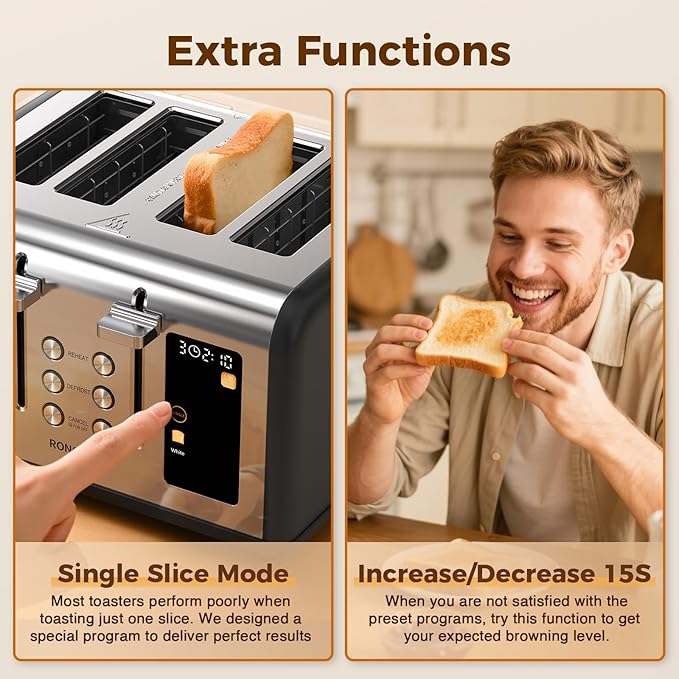 4 Slice Touch Screen Toaster, Stainless Steel Toaster with Wide Slots for Bagels and Bread, Reheat/Defrost/Cancel Functions, Removable Crumb Tray, Matt Black