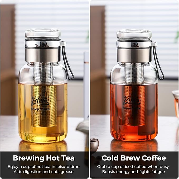 Glass Cold Brew Coffee Maker with Extended Fine Mesh Filter, Tea Infuser Bottle Iced Coffee Maker with Thick Borosilicate Glas