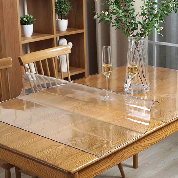 Table Protector Clear Plastic PVC Tablecloth Water Resistant Table Top Protector Wood Furniture Protective Thicken Crystal Desk Pad PVC Vinyl Dining Cover Easy Clean Wipeable Polyester Pad 44x56 in