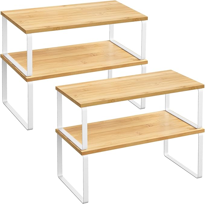 SONGMICS Cabinet Organizer Shelf, Set of 4 Kitchen Counter Shelves, Kitchen Storage, Spice Rack, Stackable, Expandable, Metal and Engineered Wood, Cloud White and Natural Beige UKCS210W01