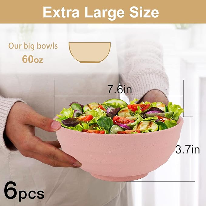 Wheat Straw Bowls Set 60 OZ Unbreakable Large Cereal Bowls Set of 6 Microwave and Dishwasher Safe Bowls Big Bowls for Dorm and Apartment BPA Free Soup Bowl for Serving Oatmeal and Salad Etc…