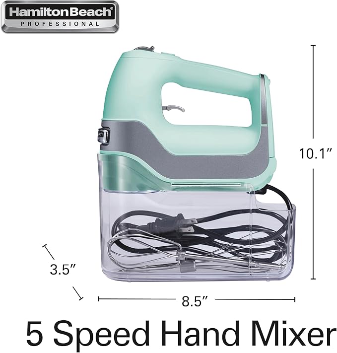 Hamilton Beach Professional 5-Speed Electric Hand Mixer with Snap-On Storage Case, QuickBurst, Stainless Steel Twisted Wire Beaters and Whisk, Mint (62658)