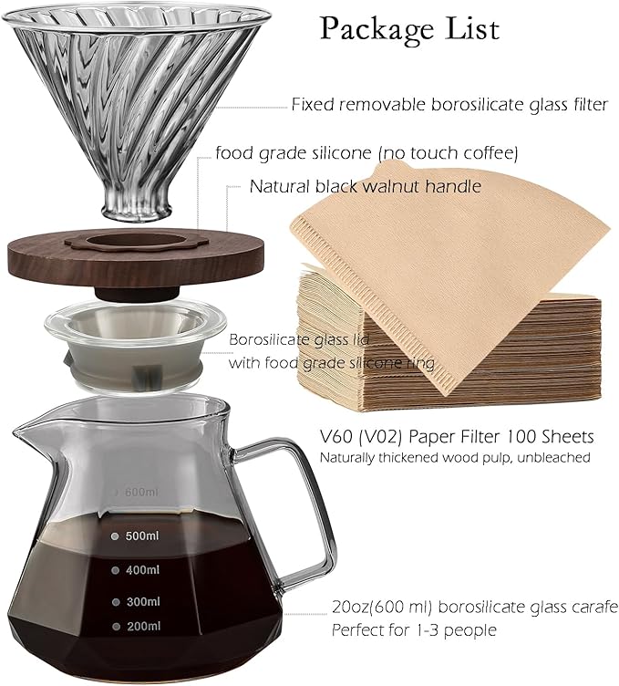 Pour Over Coffee Maker, 20 oz Borosilicate Glass Carafe with 100 pcs V60 Paper Filter, Walnut Handle & Glass Lid, Drip Coffee Maker for Home Café Restaurant Camping, 600 ml, Gray