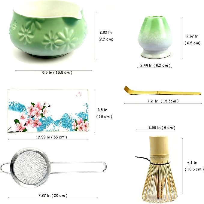 Matcha Whisk Set - Traditional Bamboo Chasen and Pale Green Ceramic Matcha Bowl with Spout, 6Pcs Complete Matcha Making Kit