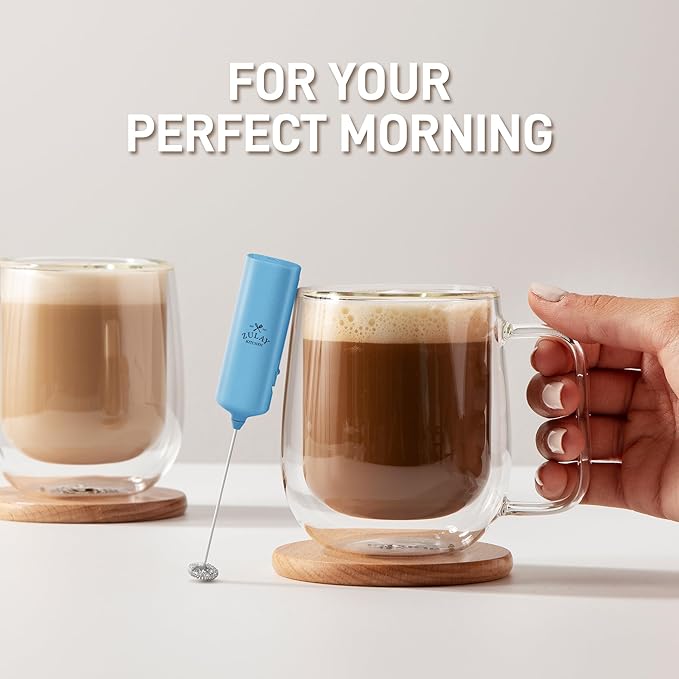 Mini & Mighty Milk Frother Wand – Powerful Handheld Coffee Frother, Battery Operated Drink Mixer – Compact Pocket Size – Detachable Whisk for Latte, Cappuccino, Matcha, Hot Chocolate – Metallic Blue