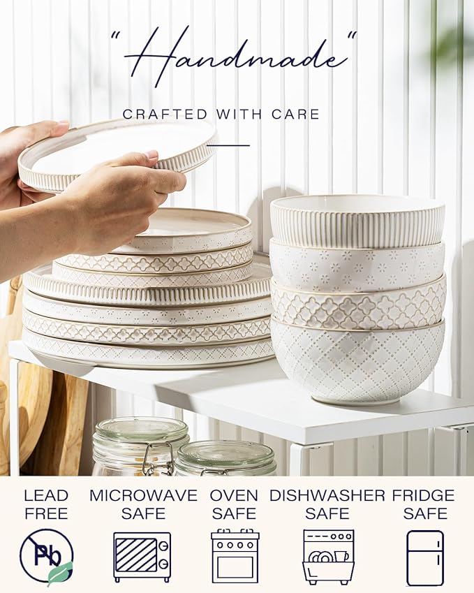 Getstar Dinnerware Sets, Plates and Bowls Sets (10.5” Dish + 8” Dish + 6” Bowl) for 4, Microwave Dishwasher Safe, 12 PCS Ceramic Dinnerware Sets