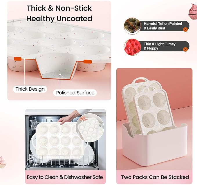 Silicone Muffin Pans for Baking with Metal Reinforced Frame 2 Pack with 6 Pack cupcake boxes（6 count）, Nonstick Silicone Cupcake Pan for Baking Homemade Muffins, Dishwasher Safe BPA Free