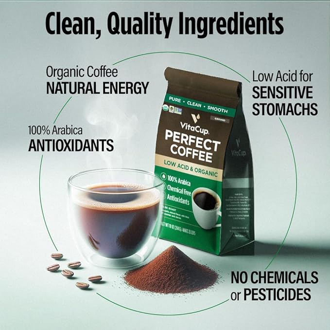 VitaCup Perfect Low Acid Coffee Beans, USDA Organic & Fair Trade, Mycotoxin Free, Dark Roast Guatemala Single Origin, Clean & Pure, Low Acidity, Whole Bean Coffee, 4 bags, 11oz each