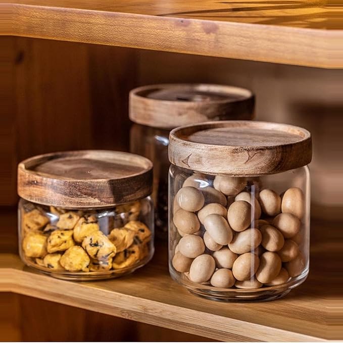 Glass candy Containers - 16oz kitchen Glass Airtight Storage jar With Acacia Airtight Lid，for kitchen Seasoning, coffee bean, tea, suger, herbs (9)