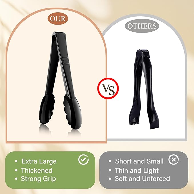 12 Pc Serving Tongs 9 Inch Bulk Reusable or Disposable Plastic Tongs Heavy Duty Hard Plastic Serving Utensils Set Large Salad Tong for Kitchen Party Food Buffet Appetizer BBQ Event Catering(Black）