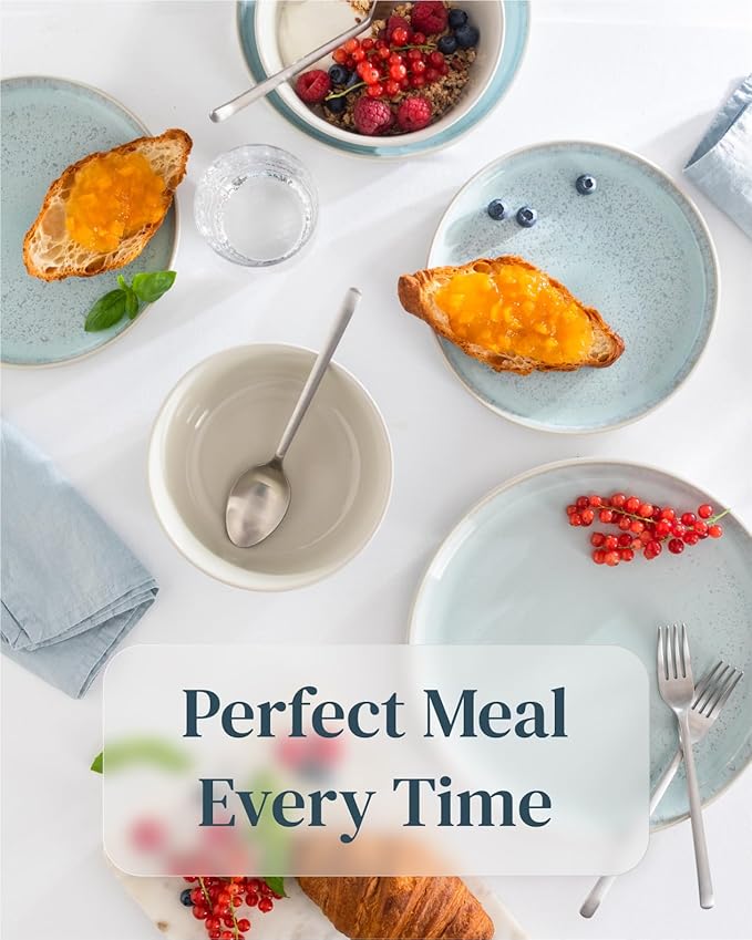Stoneware dinnerware set 8 persons 24 pcs – Modern style plates and bowls set ceramic – Microwave safe dinner plates and bowls set – Bowl and plate set – Dinner service Pure Living beige & light blue