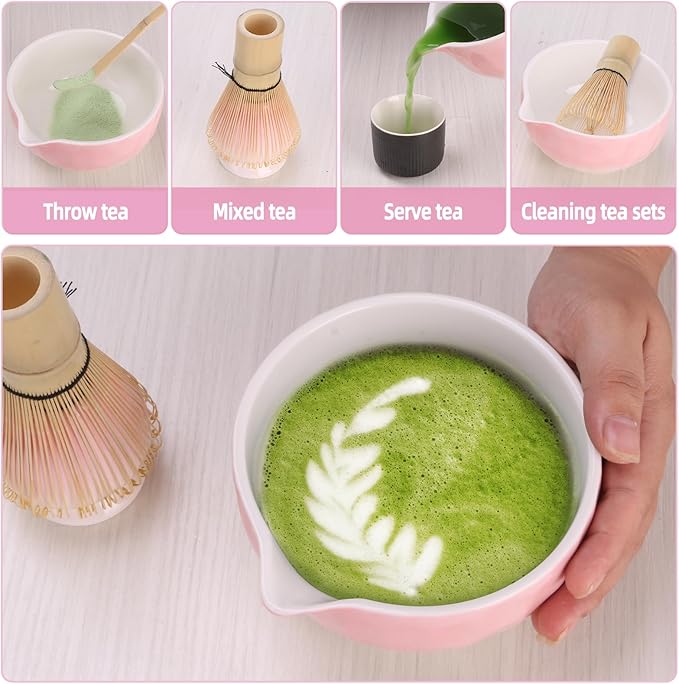 Matcha Whisk Set,4pcs Matcha Set Whisk and Bowl with Spout,Ceramic Matcha Whisk Holder,Scoop(Chashaku),Matcha Kit for Matcha Lovers Kitchen Matcha Accessories,Ideal Gift Christmas(Gradient Pink)